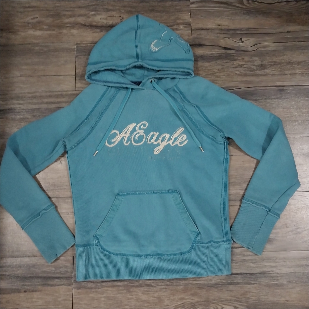 American Eagle Pullover Hoodie Sweatshirt Size S Womens Vintage Fit Y2K Distress